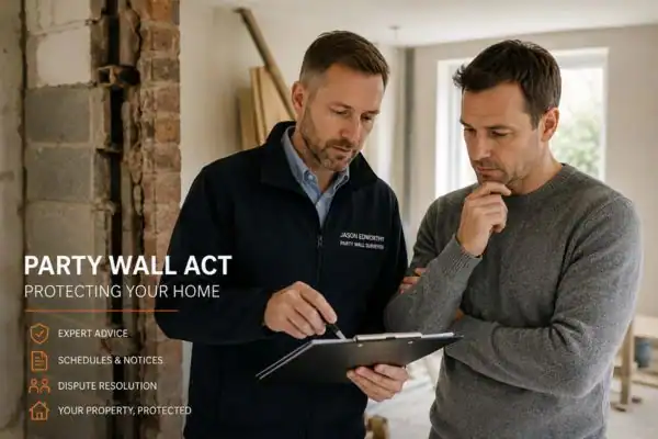 Party wall surveyor High Wycombe discussing extension plans with homeowner outside a UK semi-detached house.